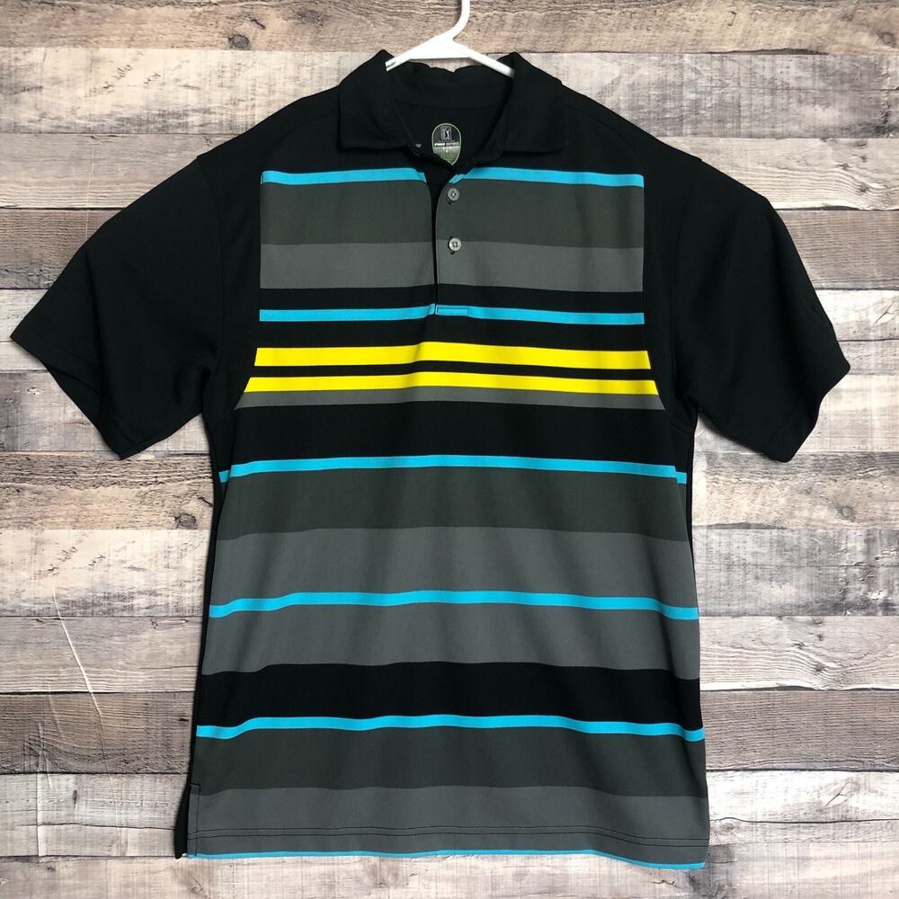 PGA Pro Serie Polo Shirt Mens Small Black Striped Casual Golf Short Sleeve